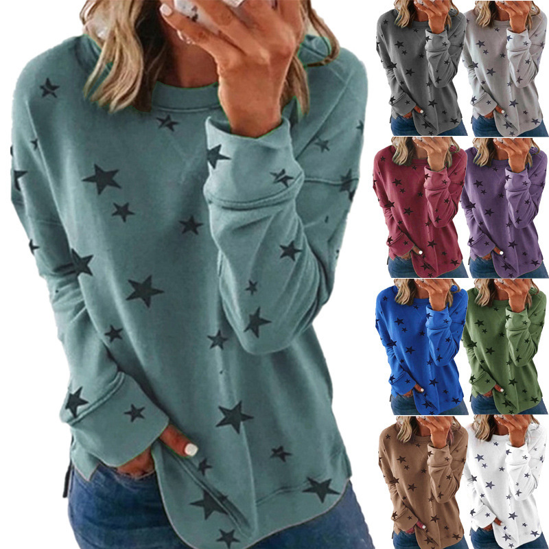 European and American Cross-Border 2023 Autumn and Winter Foreign Trade Women's Clothing Amazon Wish Loose Large Size Long-Sleeved T-Shirt Printed Sweatshirt