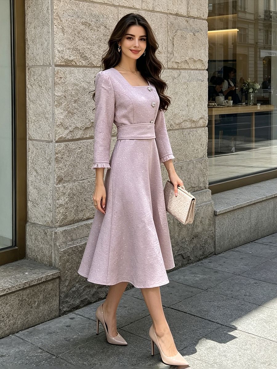 European and American Style Chanel-Inspired Square-Neck Long-Sleeve Waist-Cinching Solid Color Mid-Length Dress 2026 Summer New Women's Solid Color Dress