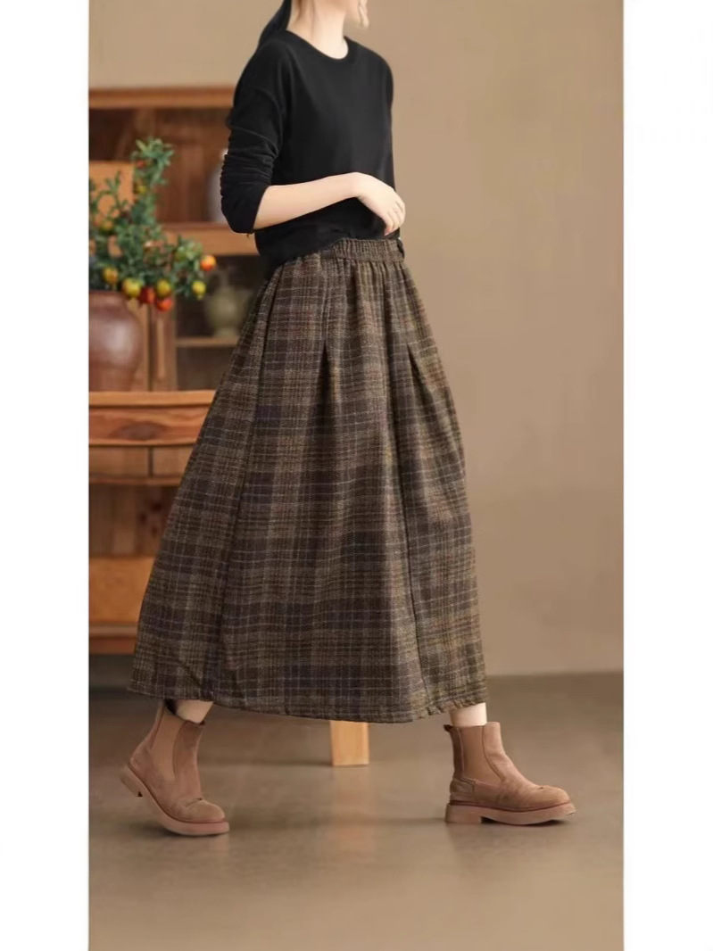 24 Autumn and Winter Woolen Plaid Skirt Women's Loose Casual Korean Academy Style Skirt Long Skirt Version A