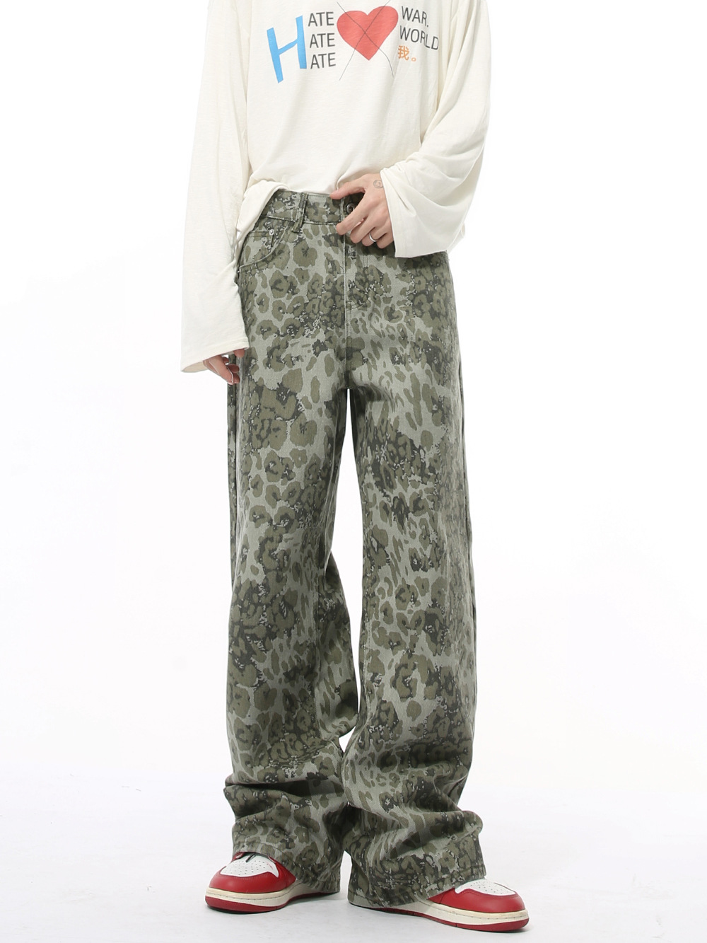 MTLCLOTHES Men's Wear | Autumn New American Retro Wind Green Leopard Street Hip Hop Washed Pants