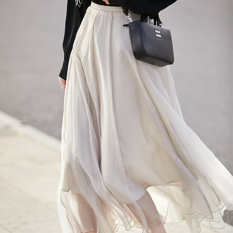 2025 Spring and Summer New Elegant Temperament Mesh Skirt Women's Solid Color Quicksand Mid-Length Skirt Lazy Age-Reducing Pleated Skirt