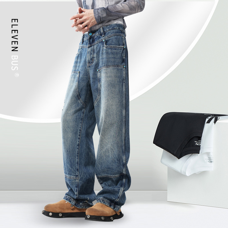Spring and Autumn American High Street Fashion Brand Men's Ripped Jeans Loose Straight Design Wide Leg Denim Trousers for Men