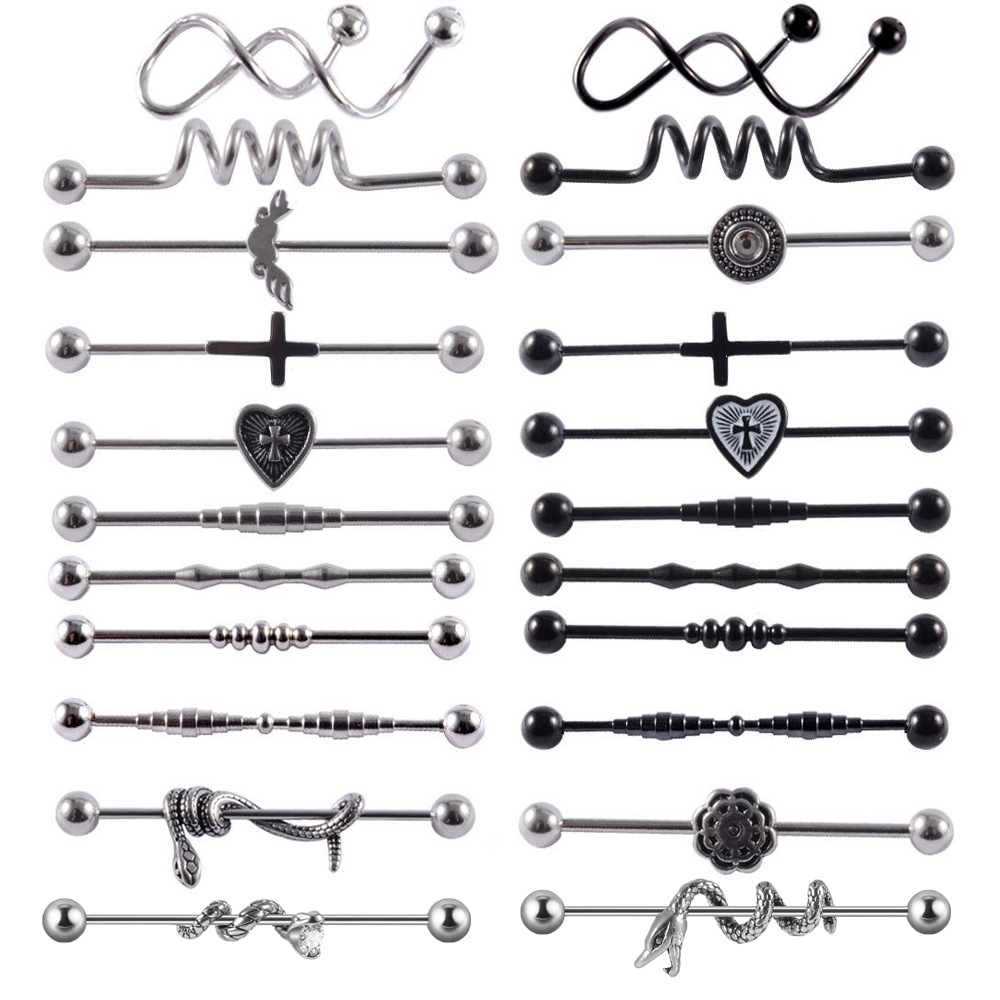 Cross-Border Piercing Stainless Steel Industrial Barbell Earrings Curved Heart-Shaped Cross Earrings Personalized Snake-Shaped Flower Earrings