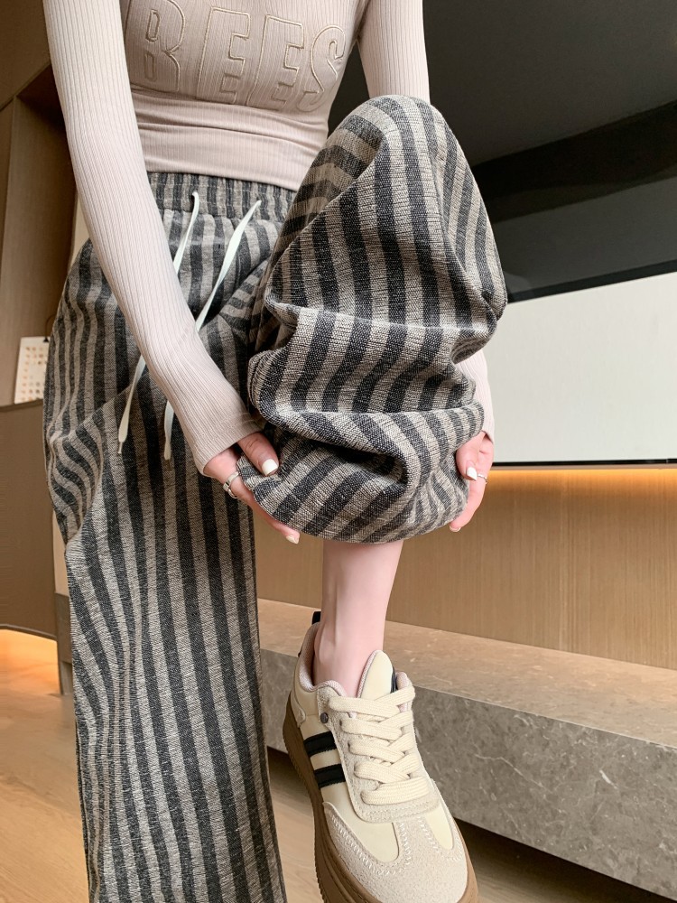 American high street casual loose gray striped wide-leg pants women's spring and summer new high waist draping straight mop pants