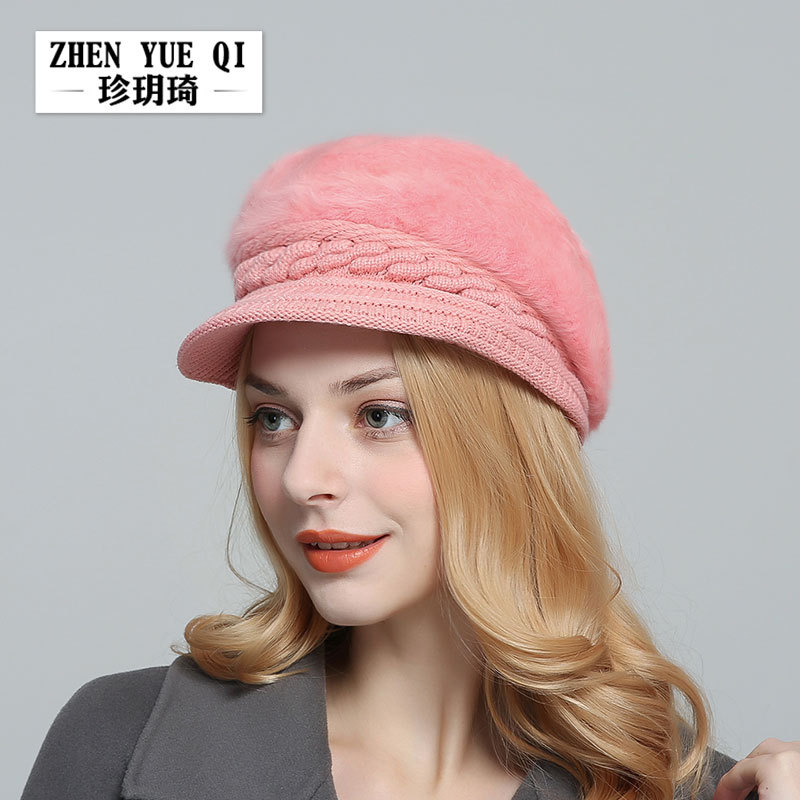 Zhenyueqi Korean Style Winter Thickened Rabbit Fur Hat Women's Fashion Wool Knitted Hat fleece-lined Warm Beret