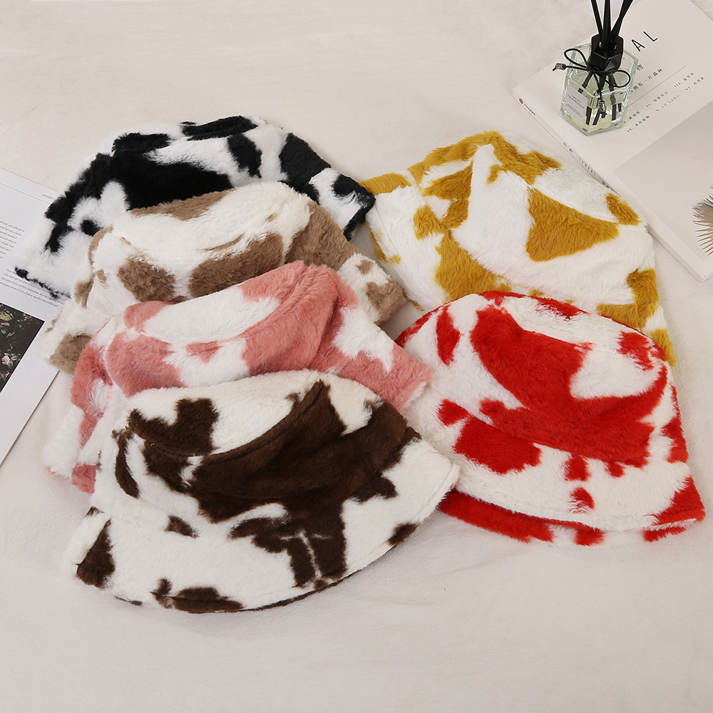 Autumn and Winter Fisherman Hat Season Lamb Plush Ear Protection Basin Hat Japanese Cute Dairy Pattern Face Small Bucket Hat