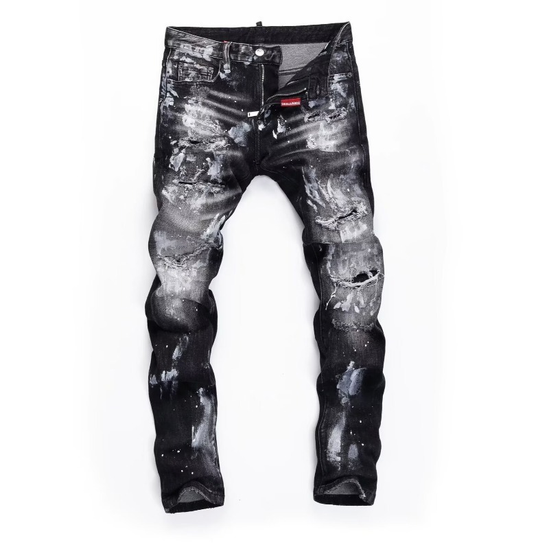 European and American Trendy Brands' New Autumn Collection: Men's Black and Gray Splatter Graffiti Ripped Jeans, Stretchy Slim-Fit Skinny Pants