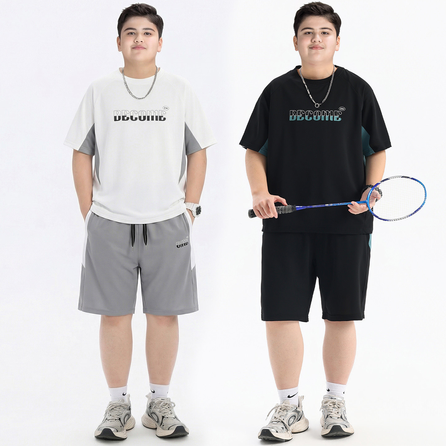 Plus-Size Boys' Cool Ice Silk Elastic Quick-Dry Set, Extra-Large Thin Sports Outfit Two-Piece Set for Older Children