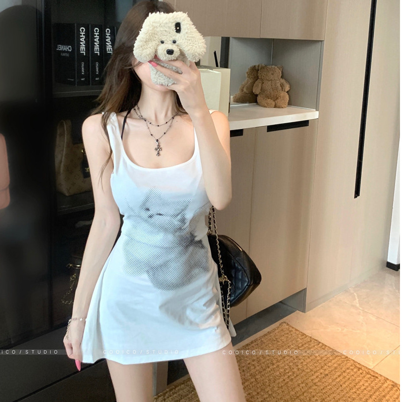 Trendy Short Dress for Petite Women with Cat Print, Summer 2026 New Style, Versatile for Two Ways of Wearing