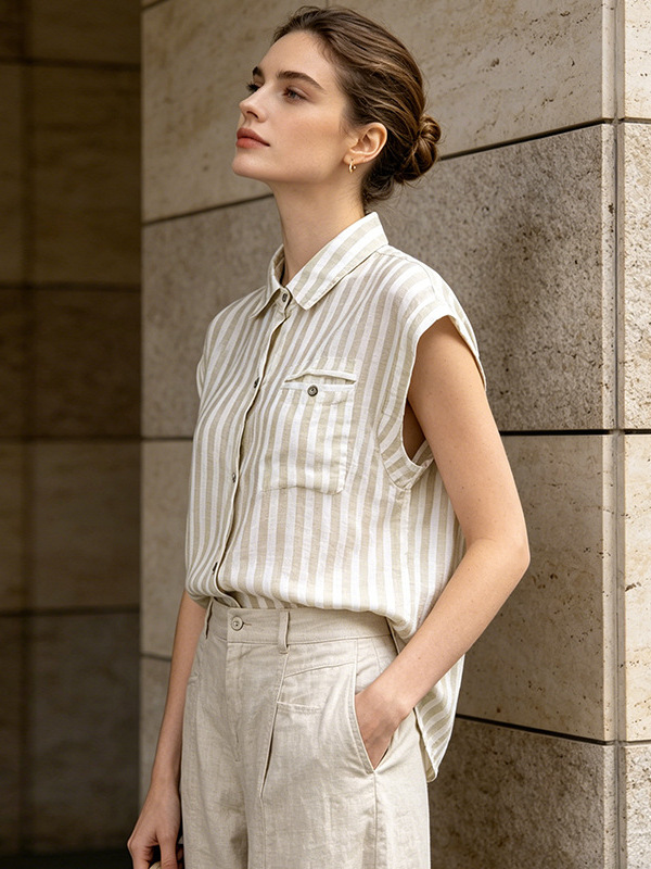 Korean-Style Casual Striped Linen Shirt for Women, 2026 Summer New Fashion, Stylish and Relaxed Versatile Top
