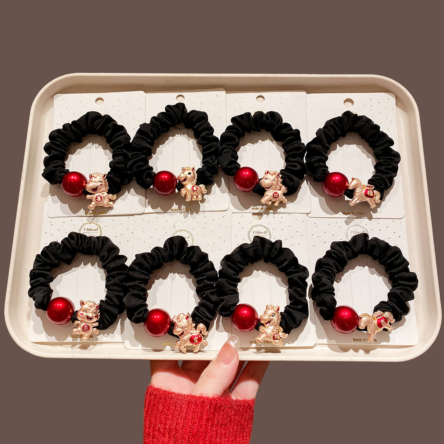 2026 Zodiac Year Pony Hair Tie Cartoon Beaded Black Hair Ring High Elasticity Durable Rubber Band Hair Accessory New Year Hair Ornament
