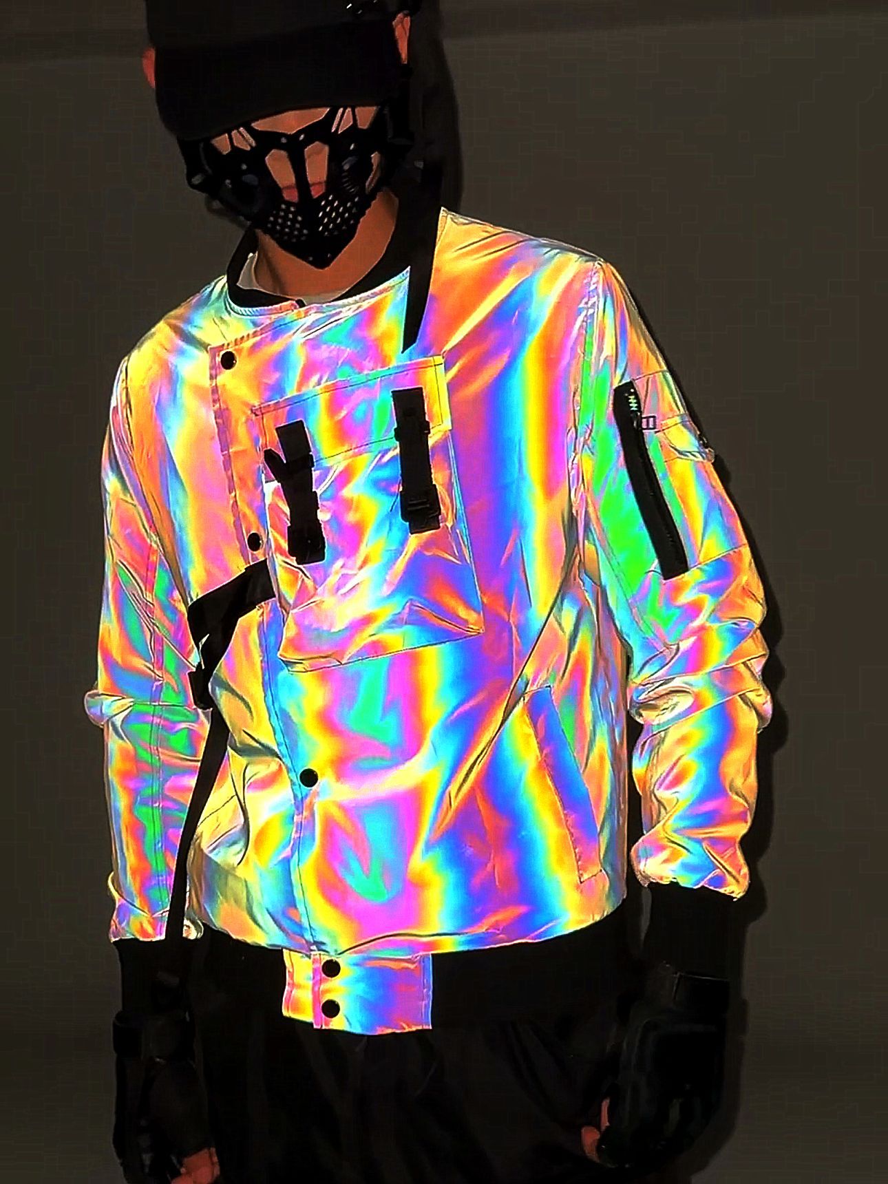 Autumn Colorful Reflective Bomber Jacket Functional Work Jacket Men's European and American Multi-Flap Pocket Pants Design Baseball Uniform Trendy