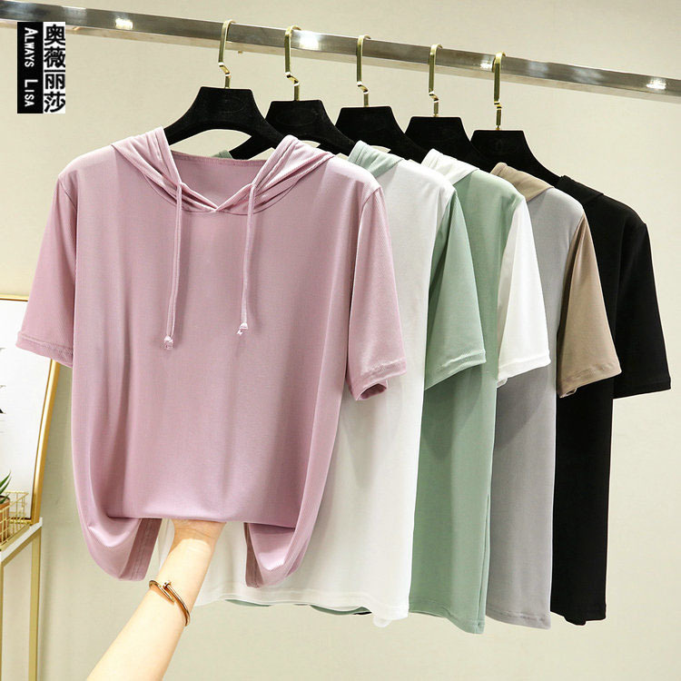 Summer Short-Sleeved Ice Silk Hoodie Half-Sleeved T-Shirt for Female Students Korean Style Casual Loose Versatile Outer Top