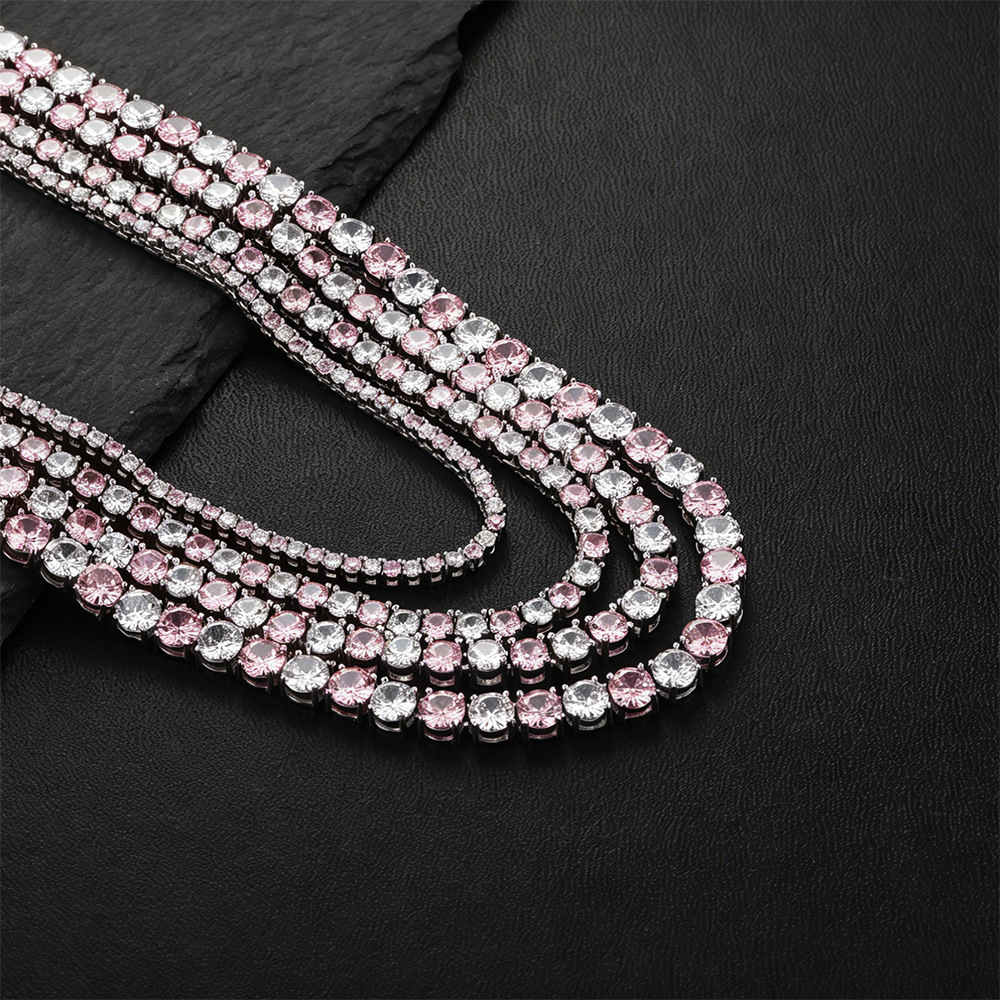 European and American Style Temu Hip-Hop Style Full Diamond Pink and White Zircon Necklace, High-End Bracelet, Trendy Two-Tone Tennis Chain