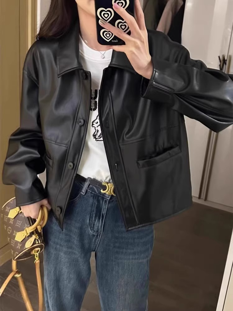 Black PU Leather Jacket Women's Short 2024 Spring and Autumn New Retro Hong Kong Style Small Men Explosion Motorcycle Leather Jacket