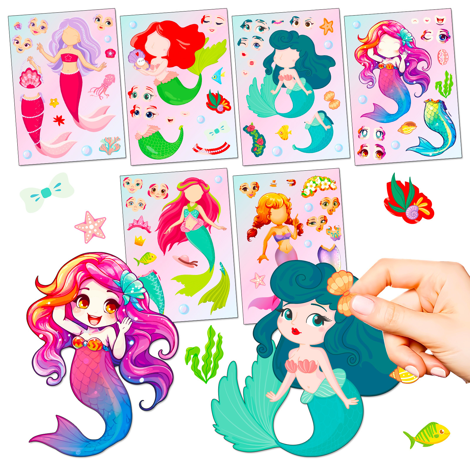 Cross-Border 6 Sheets/Pack Mermaid Face-Changing Stickers Mermaid Princess Cartoon Children's Interactive DIY Puzzle Stickers