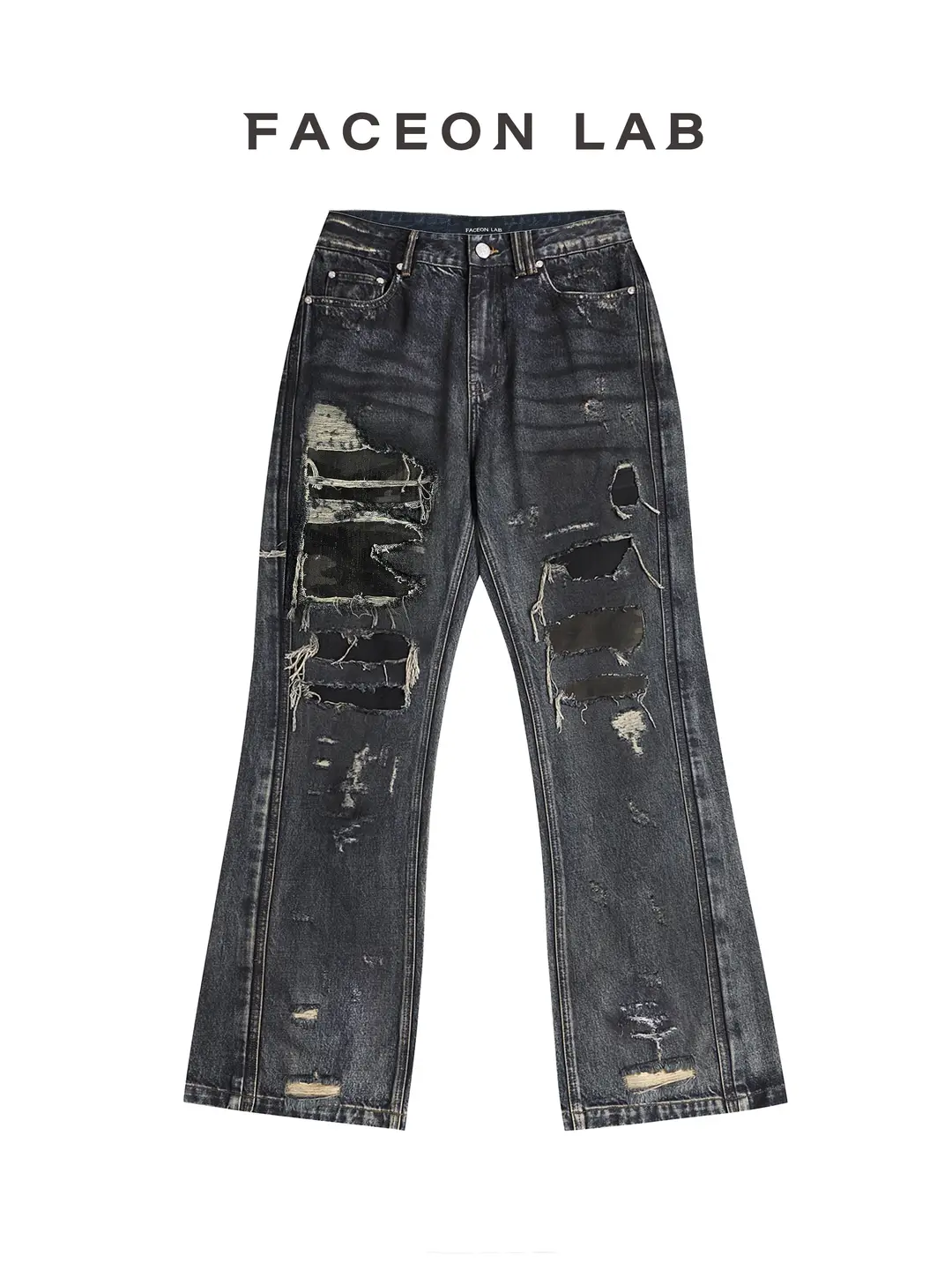 [Same Style as Ding Yuxi] Faceonlab Spray-Painted Washed Graffiti Camouflage Ripped Flared Jeans