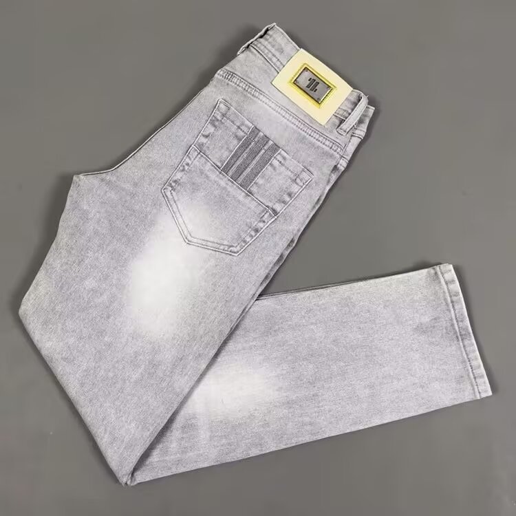 Trendy Summer Thin Cross-Border Luxury Men's High-Elasticity Jeans in Smoky Gray, High-End Slim Fit Skinny Pants Foto QC de 1688 na Qualit.ly