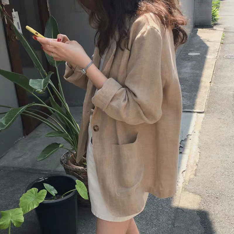 Early Spring and Autumn Korean Internet Celebrity Cotton and Linen Blazer for Women, Korean Style Loose Linen Small Suit, British Style Clothing