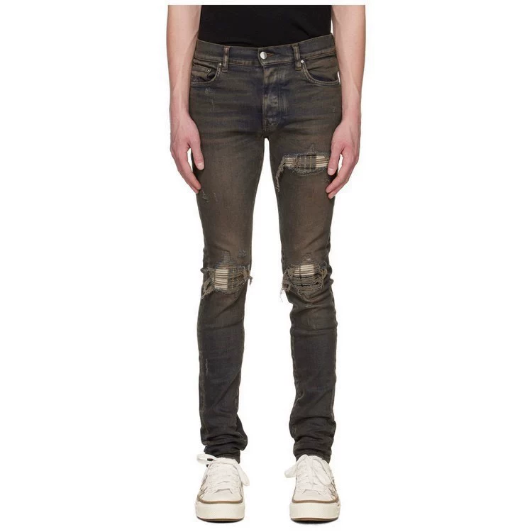 High street trend 26SS high-end gray distressed distressed patchwork elastic slim fit jeans trendy brand for men and women of high quality