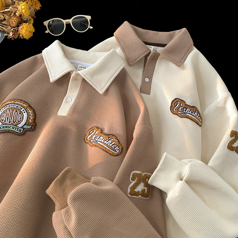 Waffled Polo Sweatshirt Men's Spring and Autumn Ins Trendy Brand Embroidered Lapel American Style Retro Heavy Couple's Long Sleeve Jacket