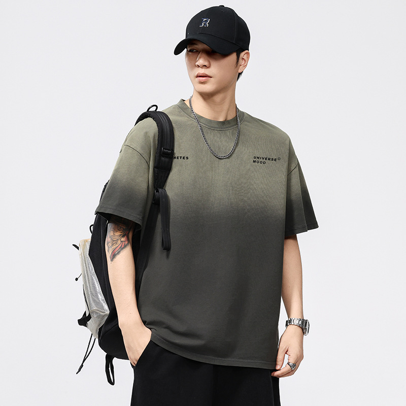 T3612 | plus size Men's Summer New 260G Heavy American Retro Dye Wash Gradient Crewneck Short Sleeve T-shirt Men