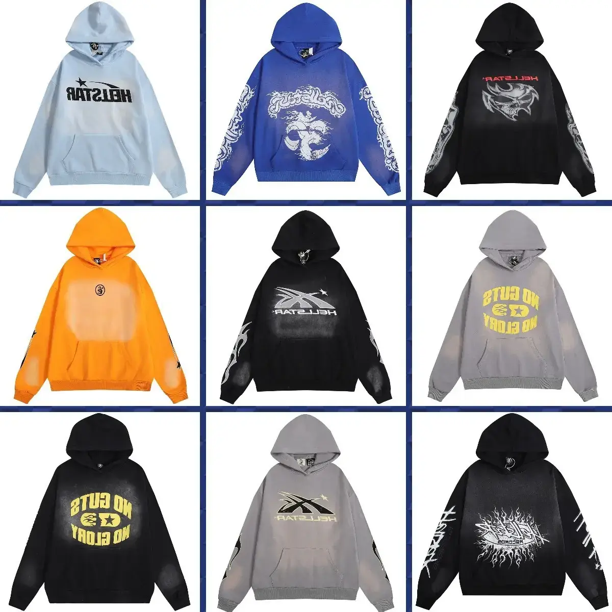 Hell Trendy American Street Style Washed Distressed Loose Hooded Sweatshirt Suit for Men and Women Star