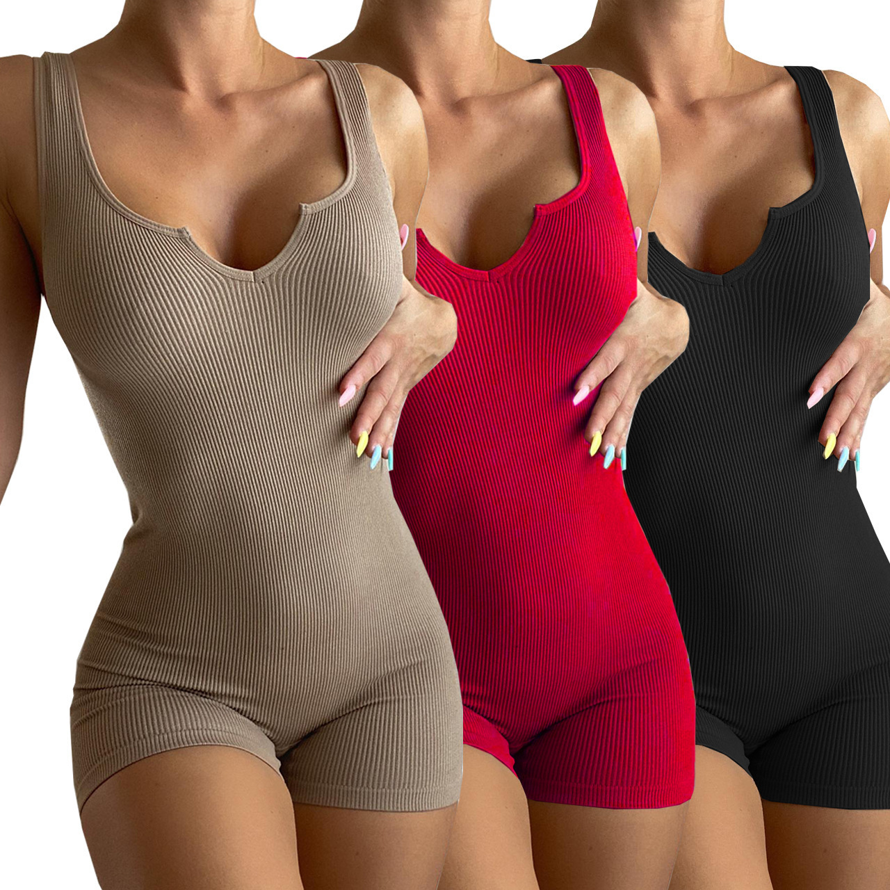 European and American Cross-Border Women's Clothing Amazon 2026 Spring/Summer New Style Ribbed Small V-Neck Fashionable Slim-Fit Casual Jumpsuit
