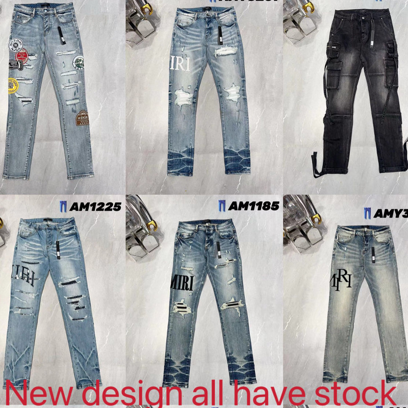 JB AMIRI fashion brand ripped patch jeans stretch slim fit skinny jeans one-piece delivery wholesale