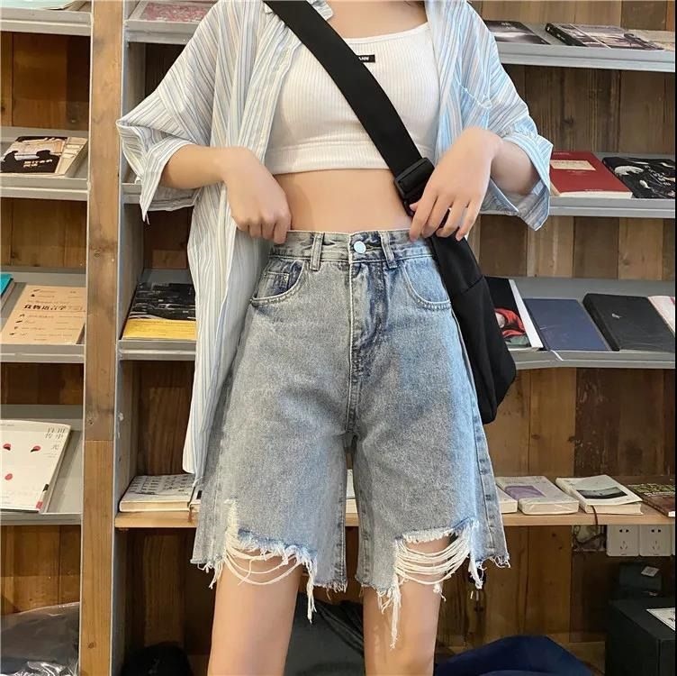 2026 Summer Korean Style High-Waisted Ripped Design Denim Shorts for Women, Loose Wide-Leg, Slimming Straight-Cut, Versatile