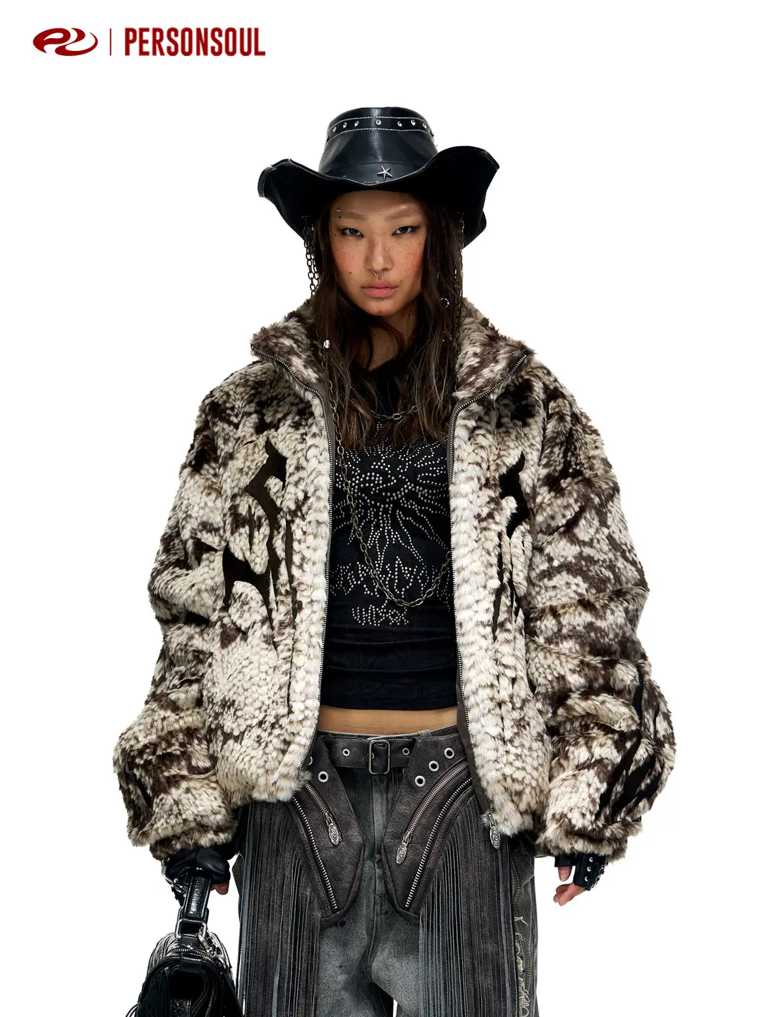 Personsoul* Totem Embroidered Snake Pattern Faux Mink Fur Feather-Like Eco-Friendly Fur Coat Plush Coat