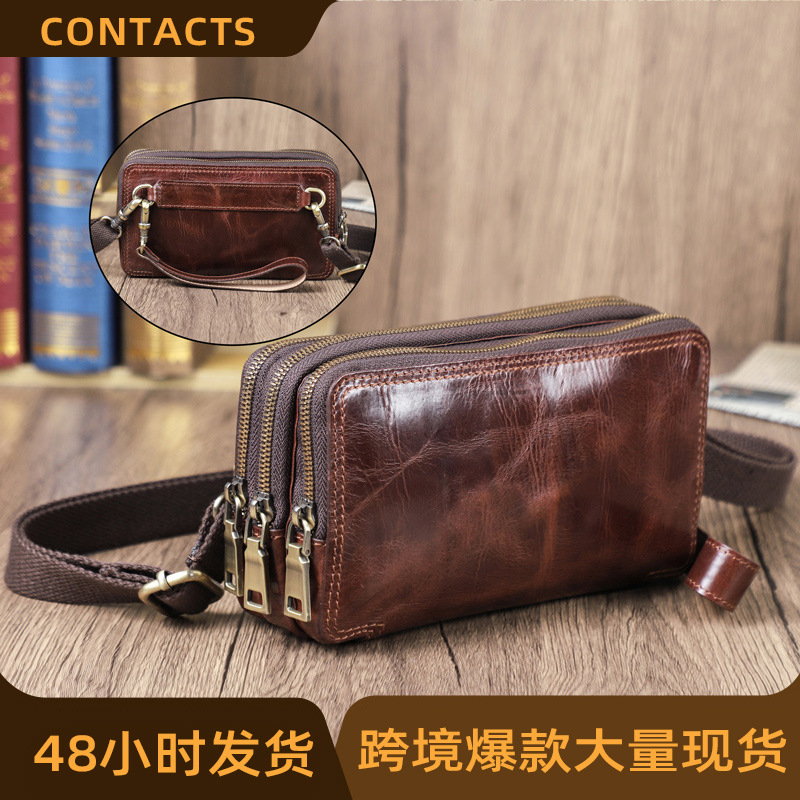Black Angel Hand Grasp Tree Lamb Oilskin with Wrist Strap Clutch Three Zipper Bag Multi-use Leather Cell Phone Crossbody Bag