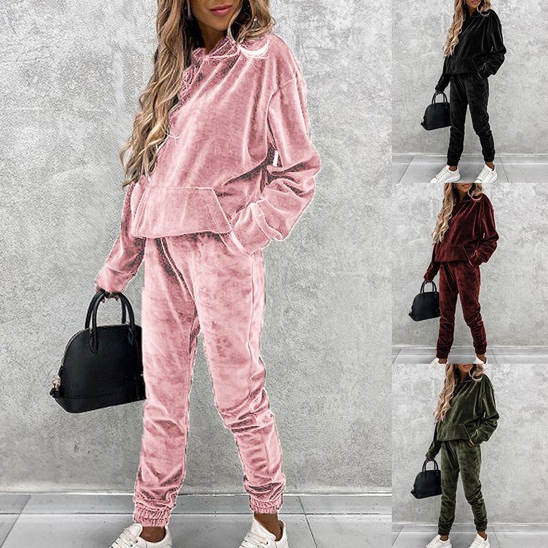 Cross-Border 2020 Winter New Amazon European and American Pure Color Hooded Sports and Leisure Silver Fox Velvet Suit for Women Om9554