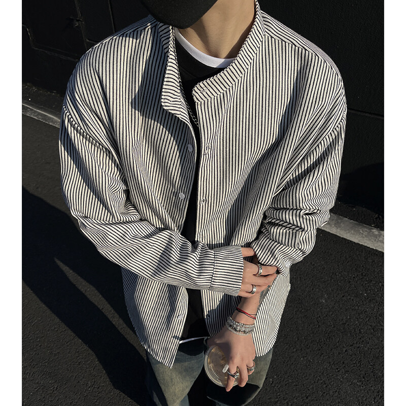Striped stand collar long sleeve shirt men's spring and autumn American retro lazy style shirt ruffian handsome coat for teenagers men