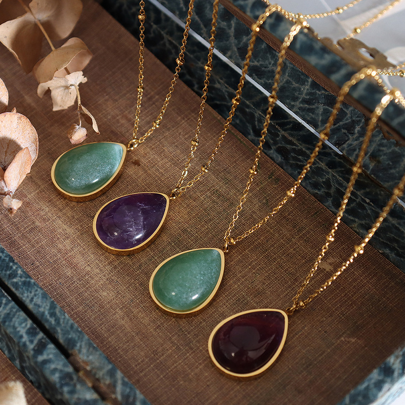 National fashion retro water drop shape natural raw stone oval pendant necklace clavicle chain summer new fashion gift P309