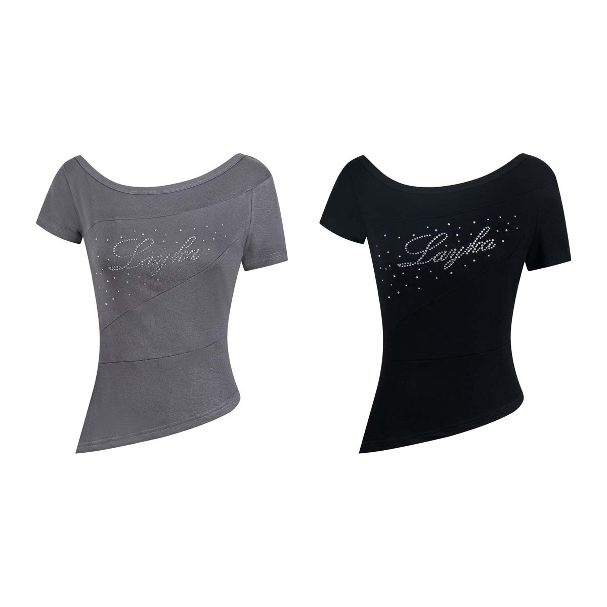 Unbdns Black Rhinestone Asymmetrical Collar Short-Sleeve T-Shirt for Women, Summer Slim-Fit Waist-Cinching Irregular Design Trendy Top