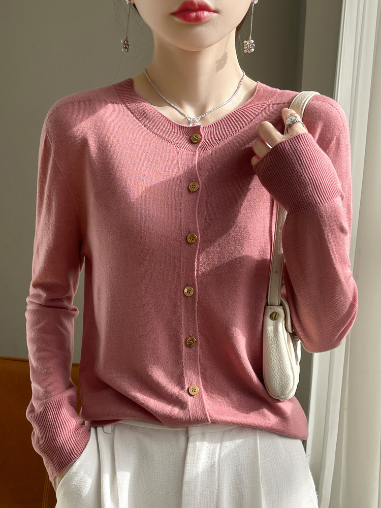 Ready-To-Wear Knit Cardigan for Spring and Summer, Thin Style, Wool Air-Conditioning Sweater, Round Neck Knit Cardigan for Women, Fine Knit, Seamless