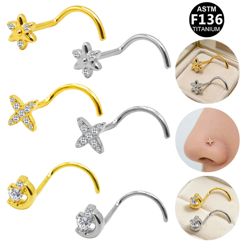 Gabe European and American Cross-Border G23 Titanium Alloy Piercing Jewelry Fashion Trendy S-Shaped Flower-Shaped Nose Stud for Foreign Trade Cross-Border Use