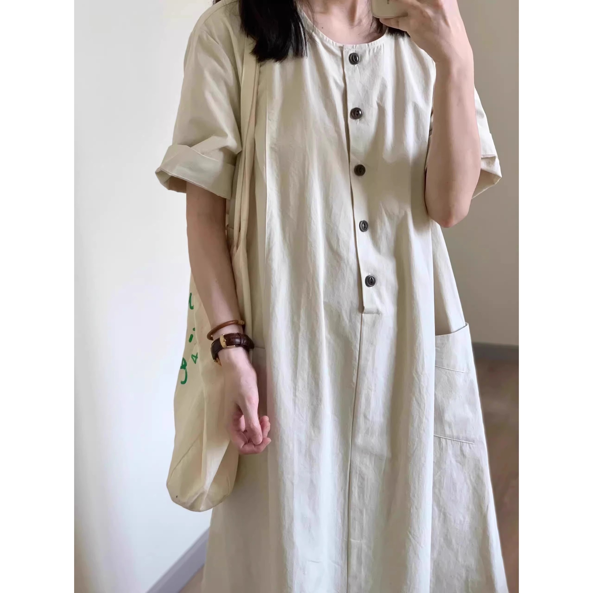 Tea Break Apricot-Colored French-Style Shirt Dress, New Summer Model for Women, Loose Fit, Slimming, Elegant Casual Long Dress