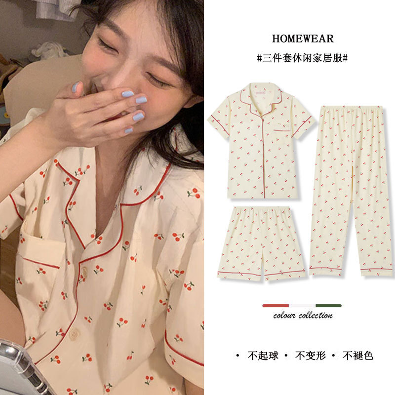 Pajamas Women's Summer Three-Piece Cardigan Short-Sleeved Sweet Age-Reducing Style Student Party Spring and Autumn Wearable Home Clothes Set