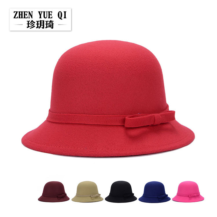 Zhenyueqi South Korea Popular Women's Hat Autumn and Winter Warm Felt Hat Fashionable Elegant Strip Bow Hat Women
