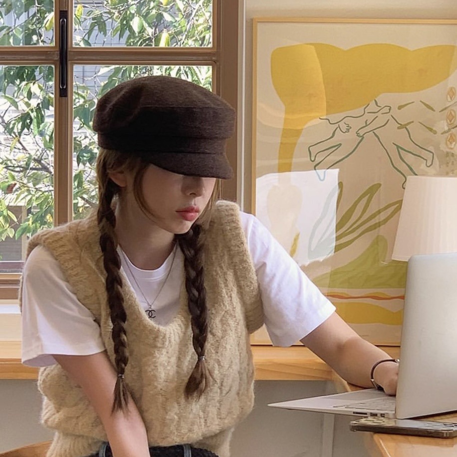 Maillard Style Hat ~ Self-Retained Brown Woolen Beret Navy Hat for Women Korean Generation Same Style British Flat Top Hat