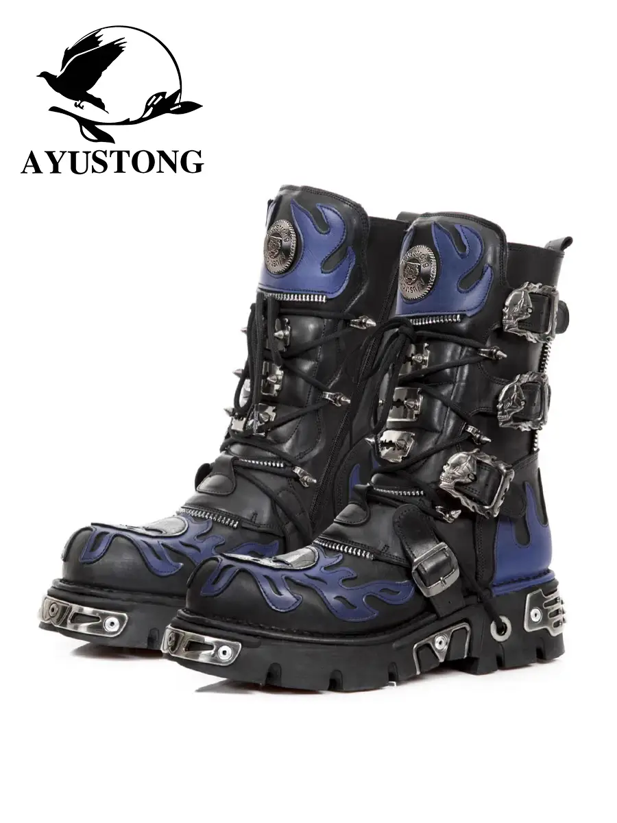 Metal Rock Thick-Soled Mid-Calf Martin Boots, Retro Punk Gothic Knight Boots, Height-Increasing Unisex Motorcycle Work Boots