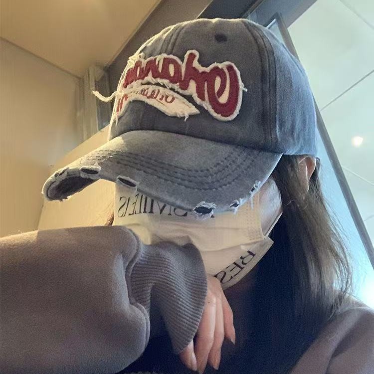 Vintage Denim English Big Head Baseball Cap Women's Korean All-match Embroidered Couple's Hip-hop Curved Wash Cap