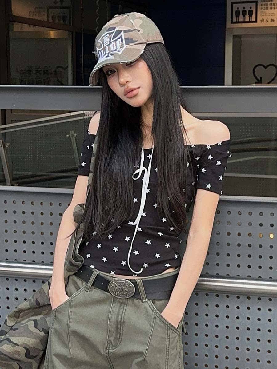 Unbdns Retro Sweet Star Red Top Summer Small Square Collar Waist-Cinching Backless Short Hot Girl Short-Sleeve T-Shirt for Women