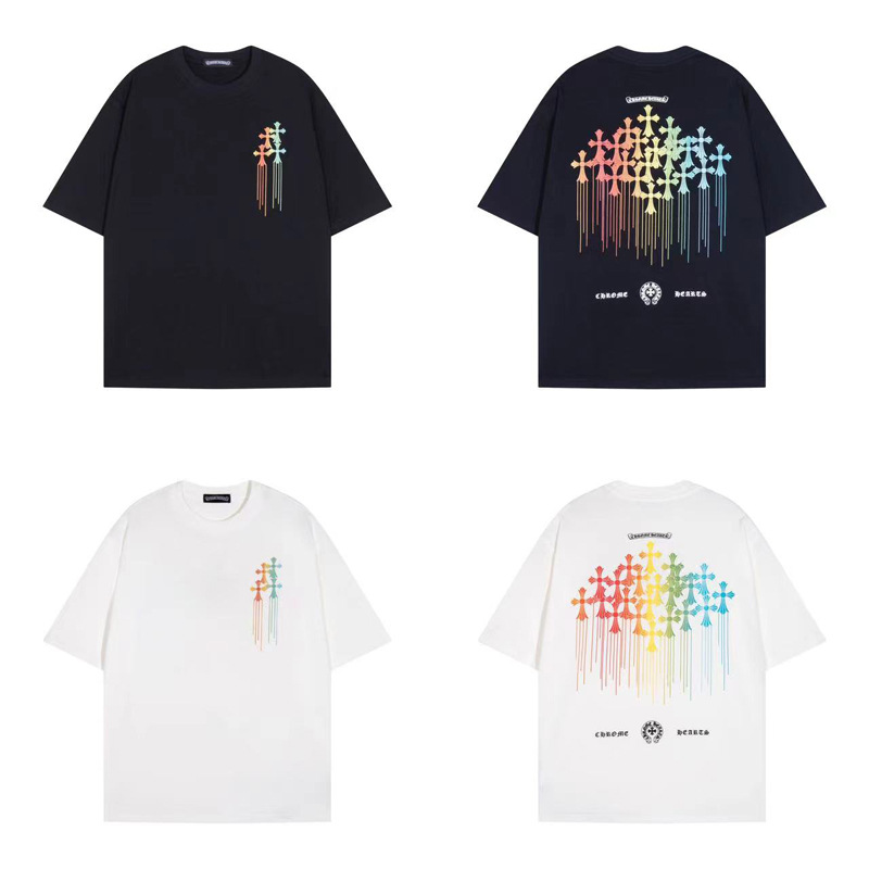 Cross-Border High Version Chrome Hearts Cross Colorful Leather Printed Short-Sleeved T-Shirt Loose and Trendy