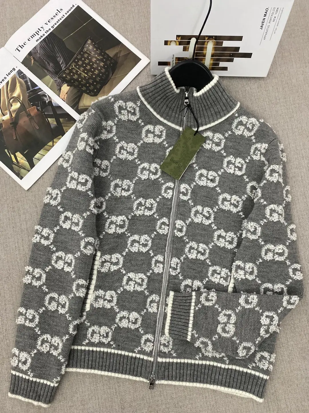 Gucci GG Monogram Zip-Up Cardigan Grey