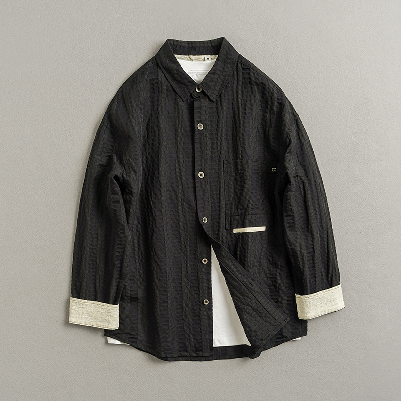 Inkstone Shadow Men's texture pattern men's shirt 2024 spring new hemp cotton dark striped men's casual shirt 1235