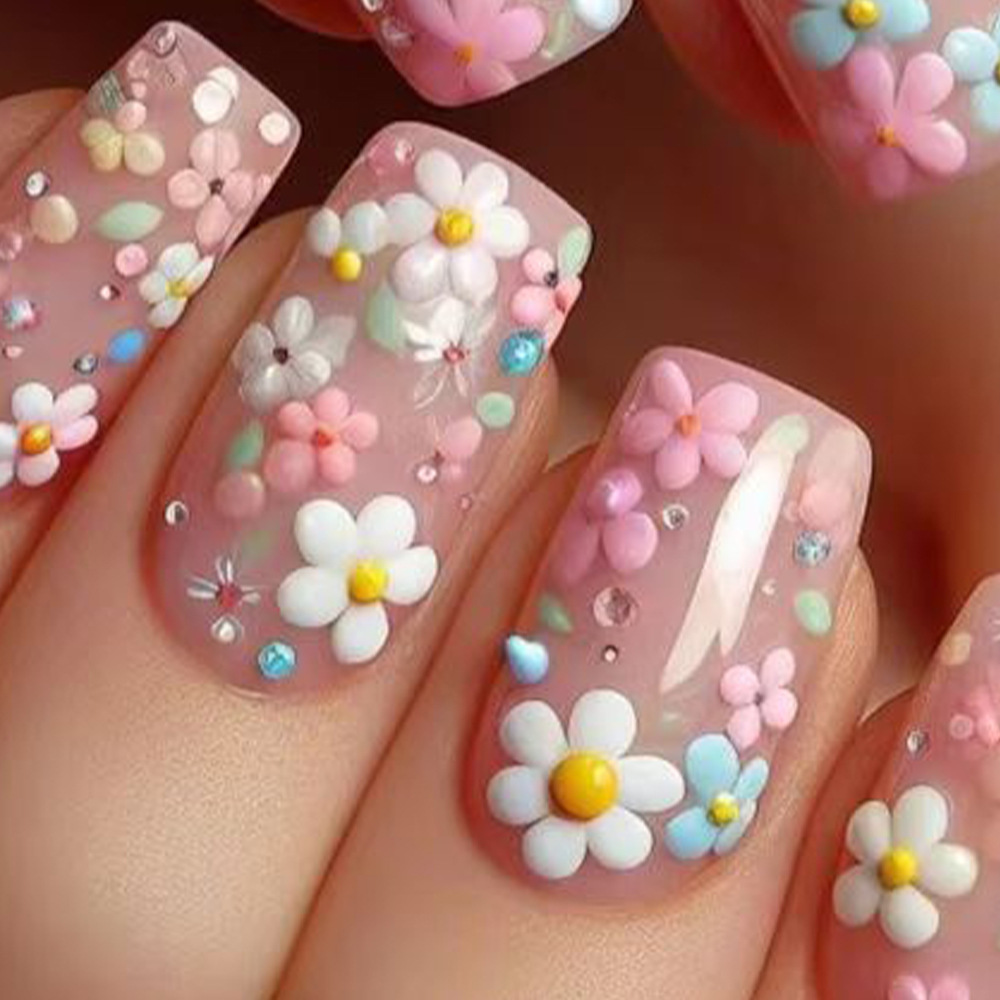 Fashionable and Fresh Flower Manicure Pink Girl Sweet Wearable Nails Colorfulful Dopamine Summer Sparkling Diamonds 24 Pieces