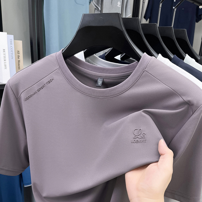 Round Neck T-Shirt Men's Summer New Thin Ice Silk Loose Breathable Casual Fashion High-End Short-Sleeved Men's T-Shirt Dropshipping